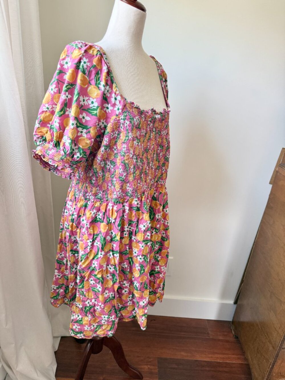 Draper James Dress 2X Pink Citrus Floral Puff Sleeve Smocked Mini - Picture 3 of 8